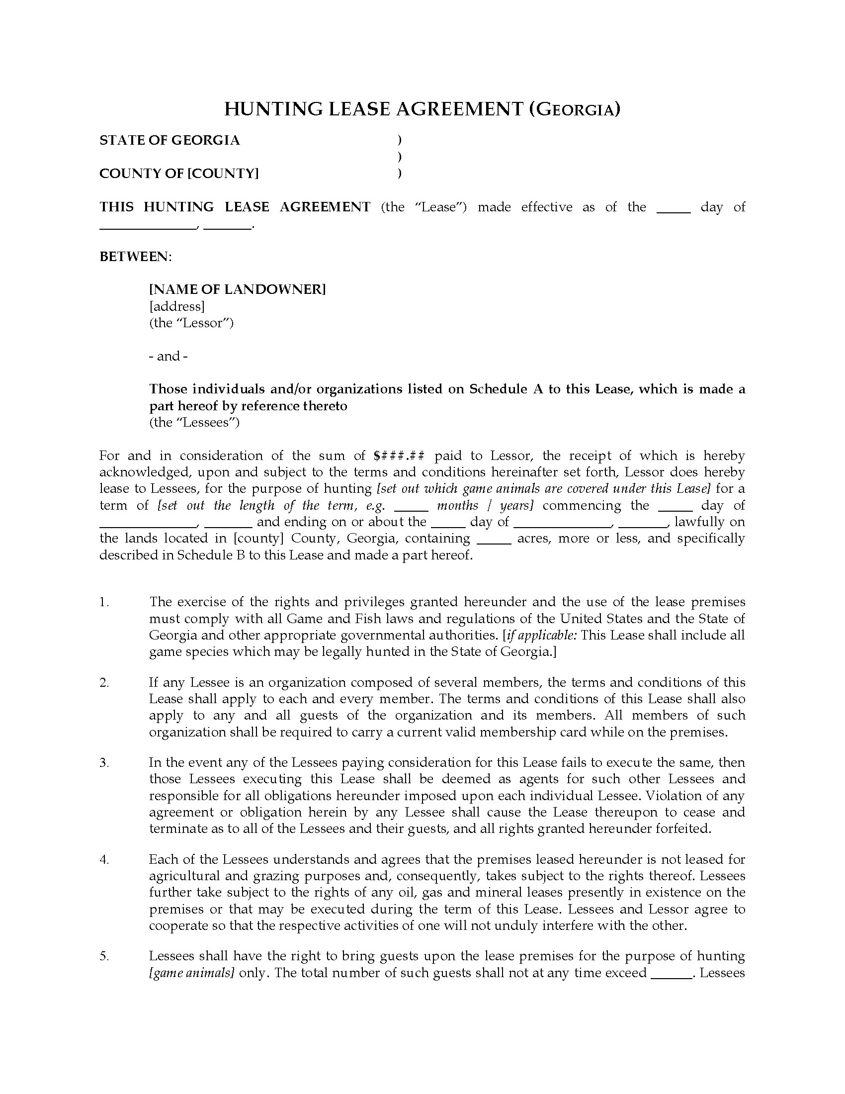 Hunting Lease Agreement Legal Forms and Business Templates