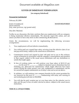 Picture of Letter of Immediate Termination of Employment