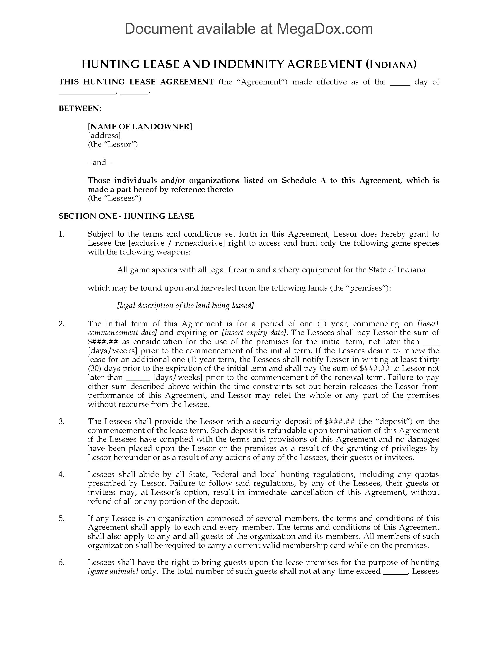 Indiana Hunting Lease Agreement Legal Forms and Business Templates