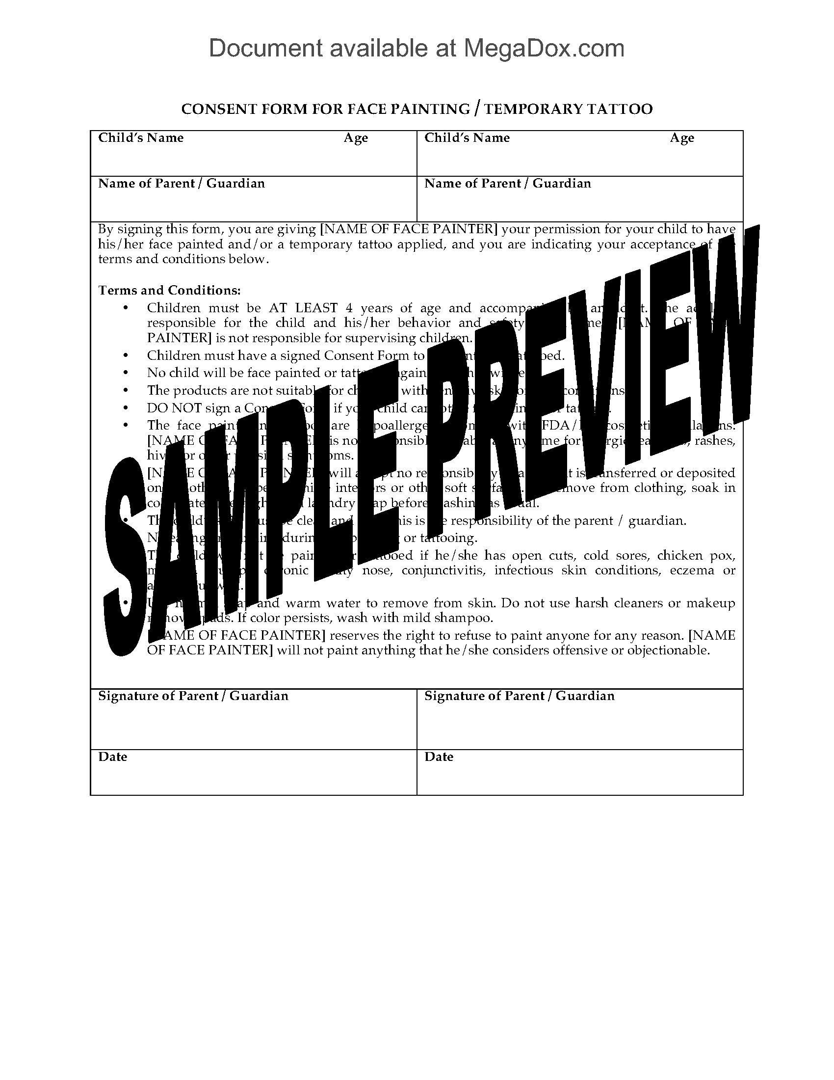 Face Painting Consent and Release Forms | Legal Forms and Business  Templates 