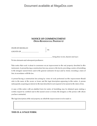 Picture of Michigan Notice of Commencement for Non-Residential Property