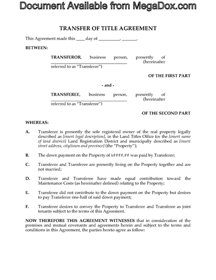 Picture of Alberta Transfer of Title Agreement by Cohabiting Couple