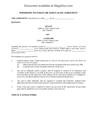 Picture of Pennsylvania Permission Agreement to Sublet or Assign Lease