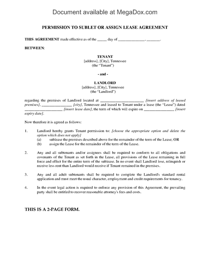 Picture of Tennessee Permission Agreement to Sublet or Assign Lease