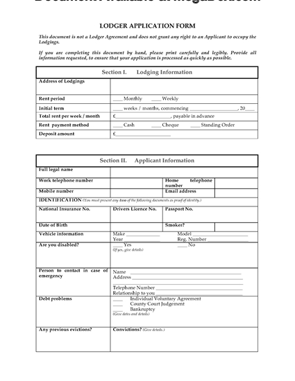 Picture of Lodger Application Form | UK