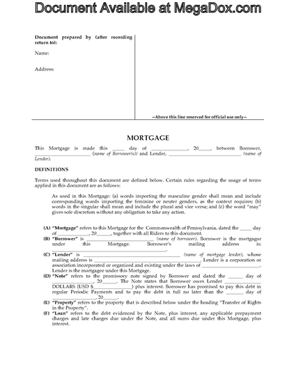 Picture of Pennsylvania Mortgage Form
