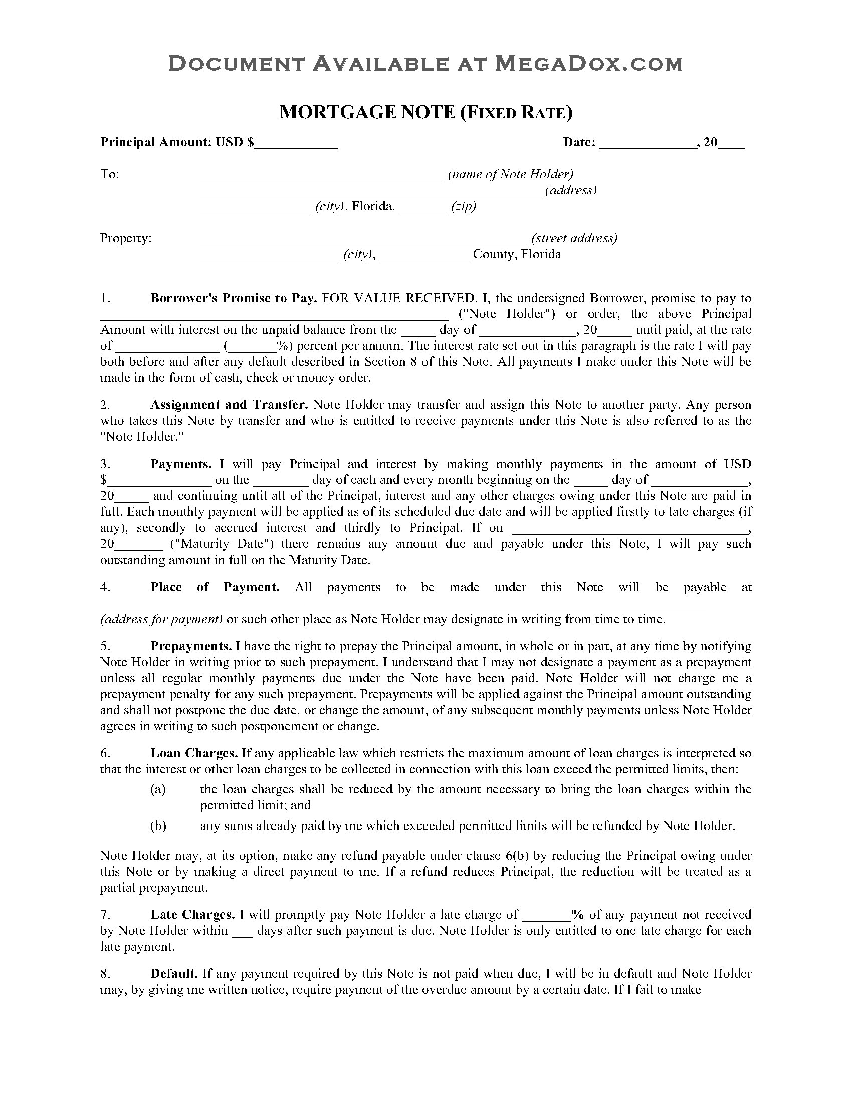 Florida Fixed Rate Mortgage Note  Legal Forms and Business Throughout Mortgage Note Template