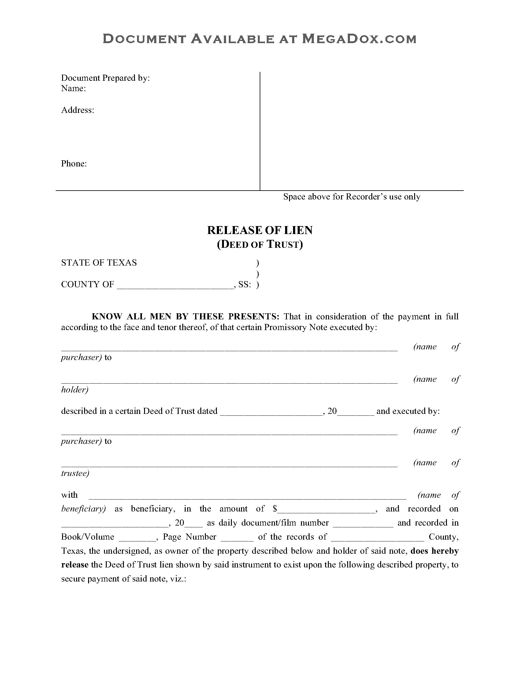 Texas Release Of Deed Of Trust Legal Forms And Business Templates Megadox Com