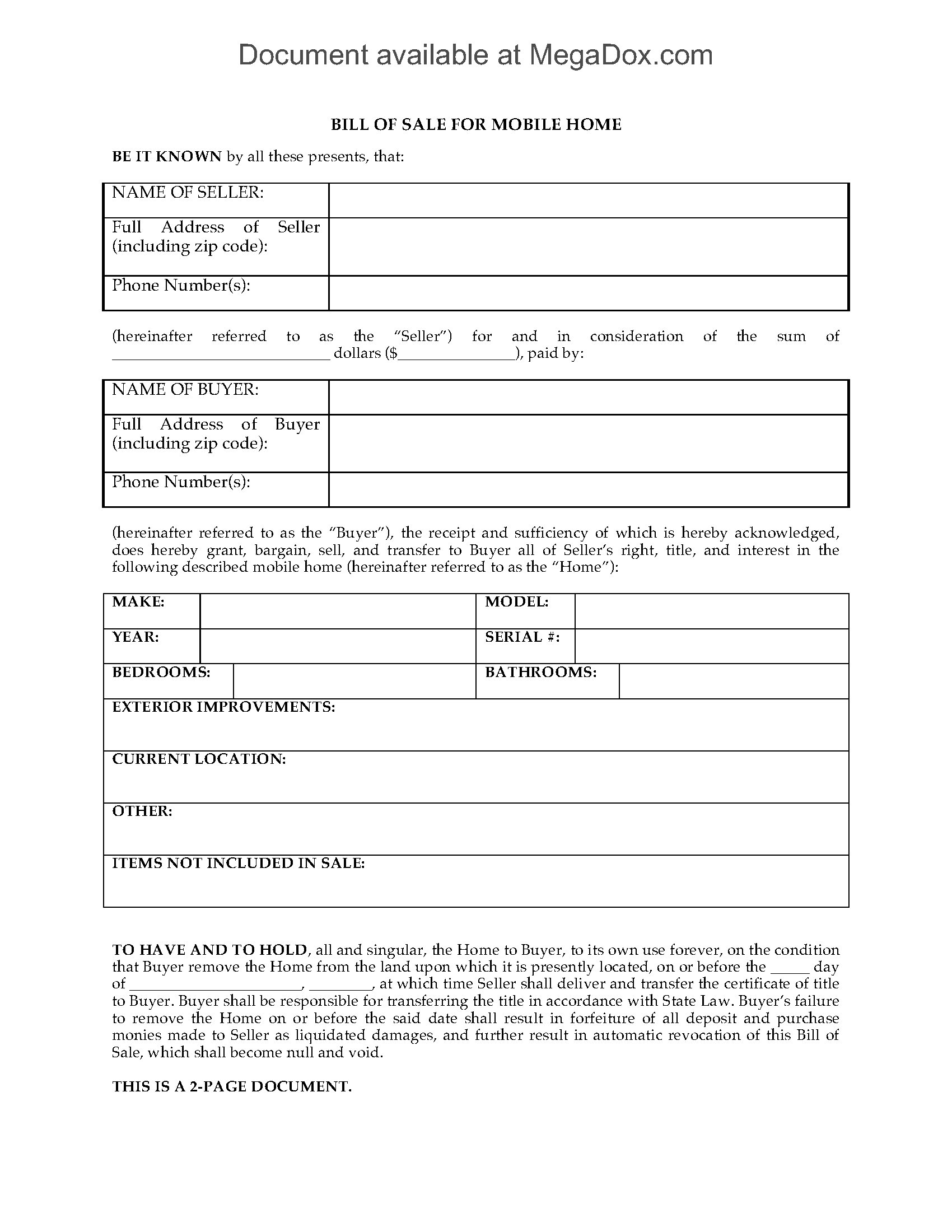 Arkansas Bill of Sale Form for Mobile Home Legal Forms and Business