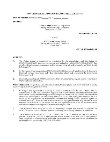 Picture of Nondisclosure and Noncircumvention Agreement for Manufacturing Venture