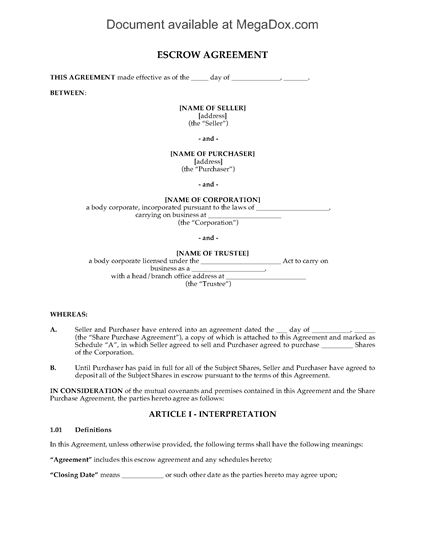 Picture of Escrow Agreement for Shares