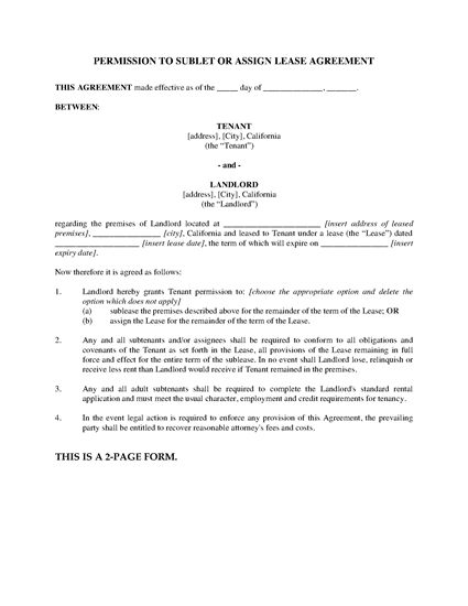 Picture of California Permission Agreement to Sublet or Assign Lease