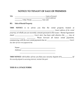 Picture of Texas Notice to Tenant of Sale of Rental Premises