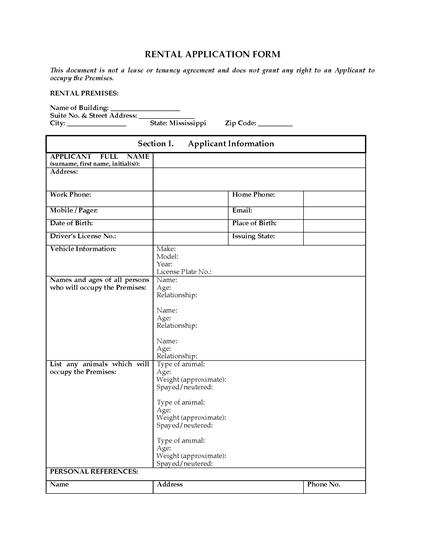 Picture of Mississippi Rental Application Form