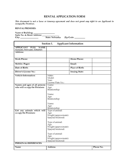 Picture of Nebraska Rental Application Form