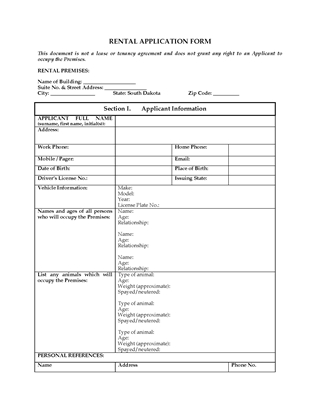 Picture of South Dakota Rental Application Form