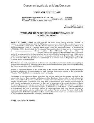 Picture of Warrant to Purchase Common Shares | Canada