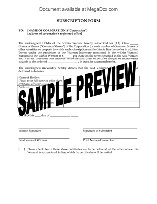 Picture of Subscription Form for Warrant Shares | Canada