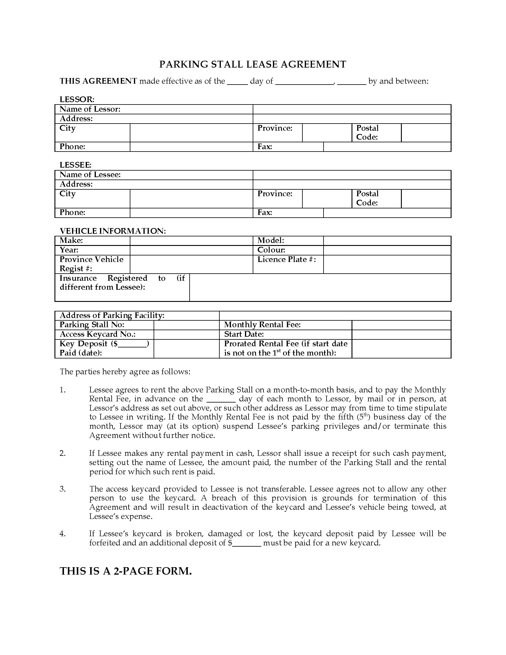 British Columbia Parking Stall Lease Form  Legal Forms 