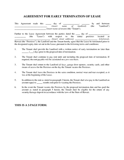 Picture of Hawaii Agreement for Early Termination of Lease