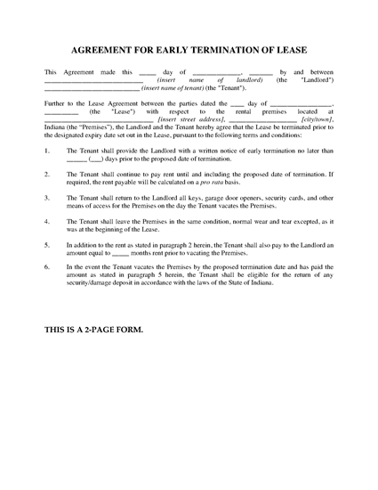 Picture of Indiana Agreement for Early Termination of Lease
