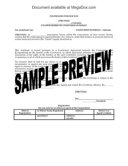 Picture of Alberta Co-Owner Certificate for Syndicated Mortgage Transaction