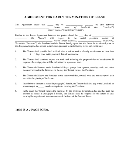 Picture of Texas Agreement for Early Termination of Lease