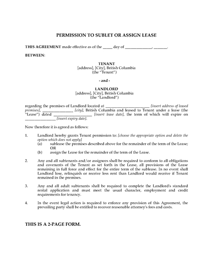 Picture of British Columbia Permission to Sublet or Assign Lease