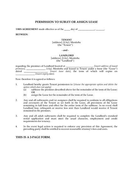Picture of Manitoba Permission to Sublet or Assign Lease