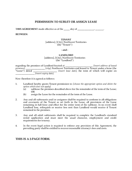 Picture of NWT Landlord Permission to Sublet