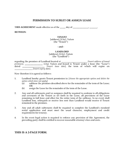 Picture of Yukon Permission to Sublet or Assign Lease