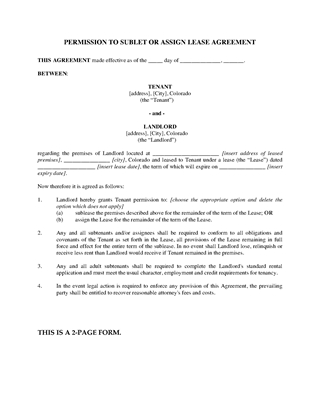 Picture of Colorado Permission to Sublet or Assign Lease