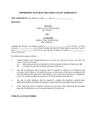 Picture of North Carolina Agreement to Sublet or Assign Lease