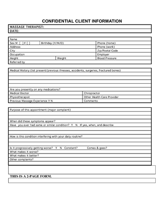 Picture of Confidential Patient Information Sheet for Massage Therapy