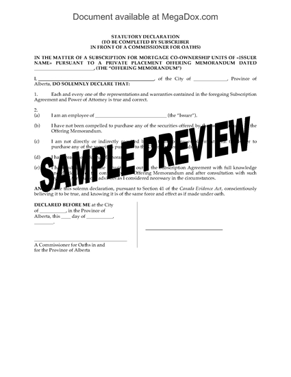 Picture of Alberta Employee Statutory Declaration re Purchase of Syndicated Mortgage Units