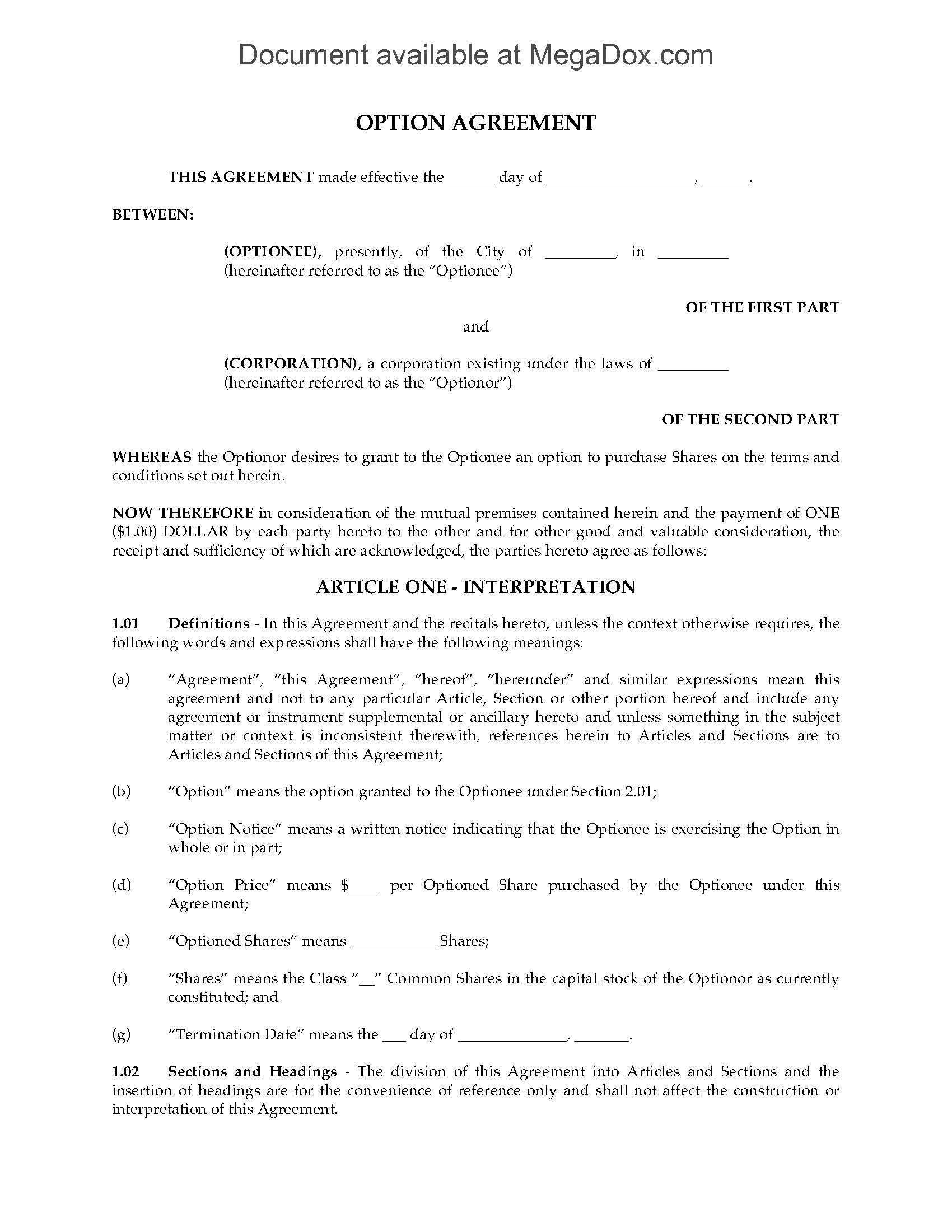Canada Stock Option Agreement (non-plan)  Legal Forms and Pertaining To supplemental agreement template