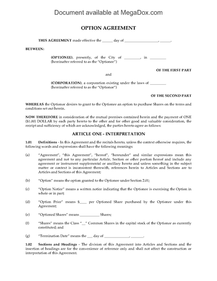 Picture of Stock Option Agreement (non-plan) | Canada
