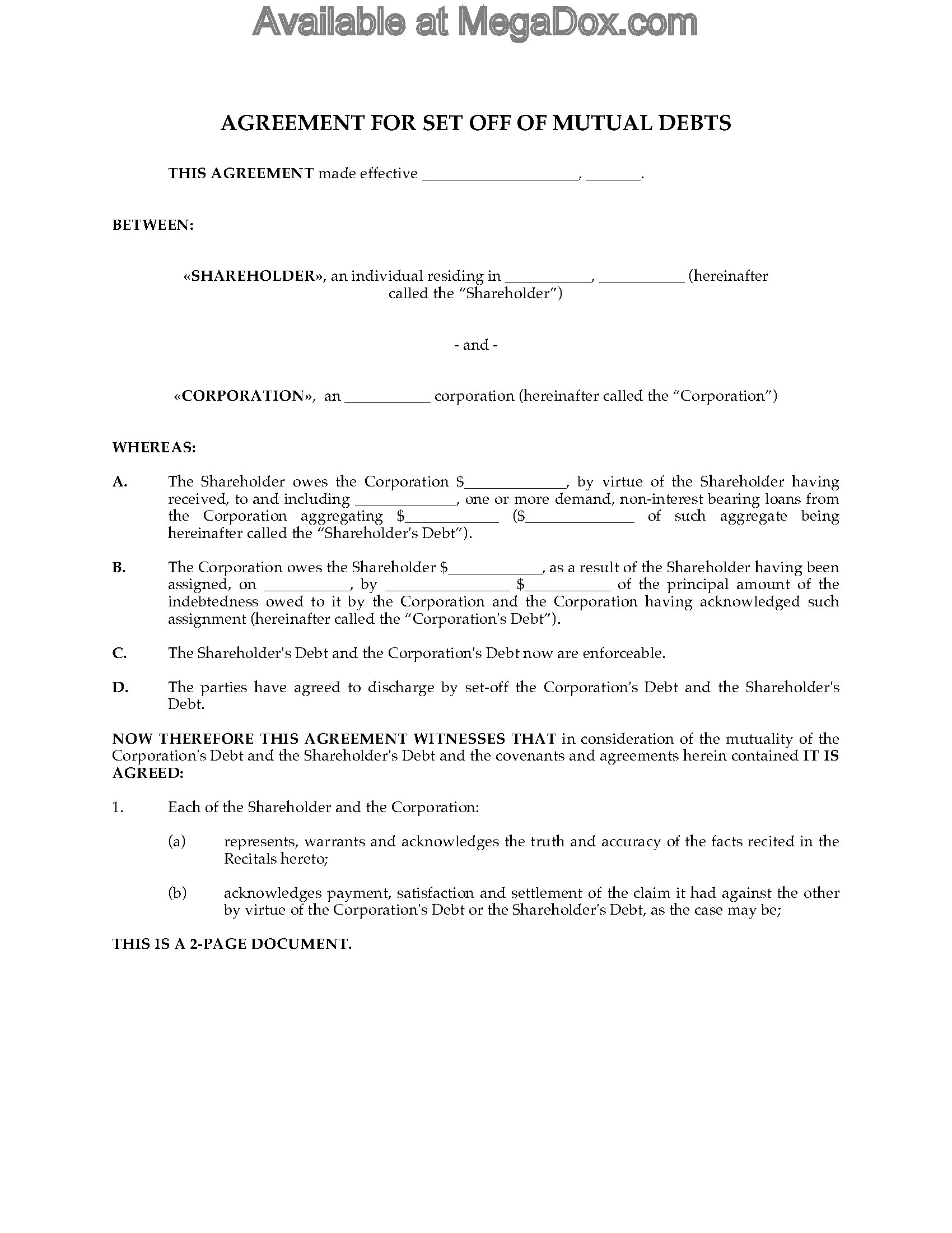 Setoff Agreement for Mutual Debts  Legal Forms and Business Inside debt agreement templates