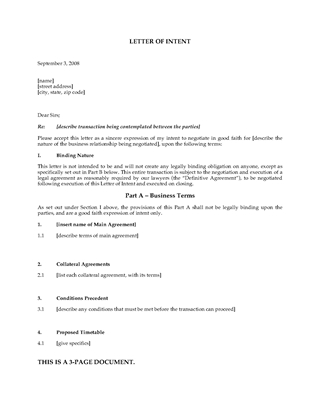 Picture of Letter of Intent Template | USA