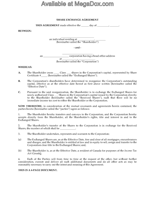 Picture of Share Exchange Agreement for Reorganization | Canada