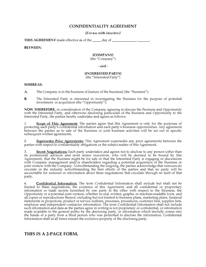Picture of Confidentiality Agreement for Investors