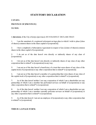 Picture of Statutory Declaration by Investor re RRSP Eligibility of Investment | Canada