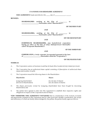 Picture of Unanimous Shareholder Agreement with License to Use Trade Mark | Canada