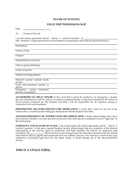 Picture of School Field Trip Consent Form