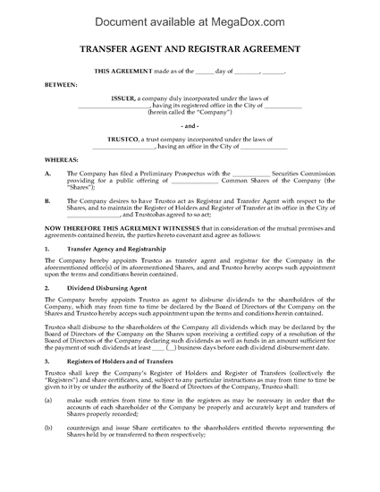 Picture of Transfer Agent and Registrar Agreement | Canada