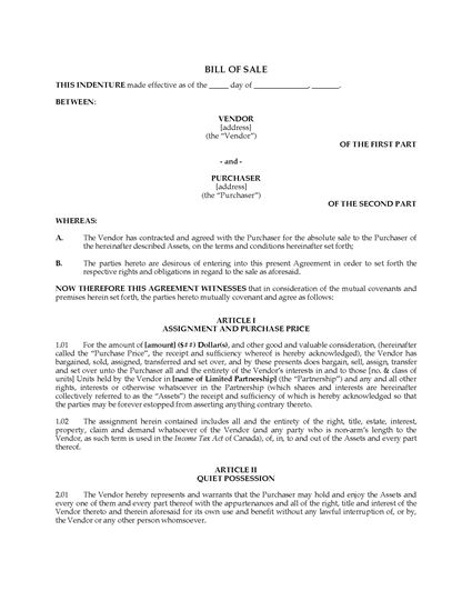 Picture of Bill of Sale for Limited Partnership Units | Canada