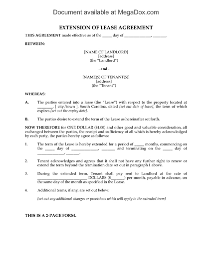 Picture of South Carolina Residential Lease Extension Agreement
