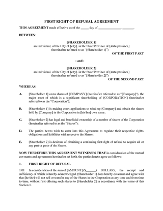 Picture of Right of First Refusal Agreement to Acquire Shares