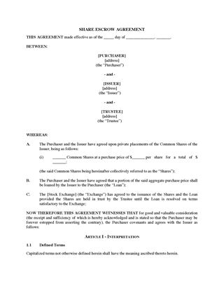 Picture of Share Escrow and Pledge Agreement | Canada