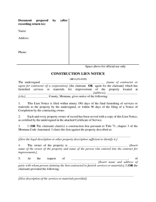 Picture of Montana Construction Lien Notice